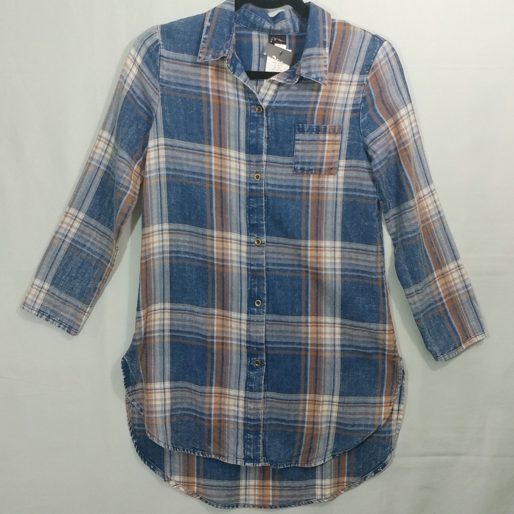 Ladies Blue Plaid Art Class Long Sleeve Top
